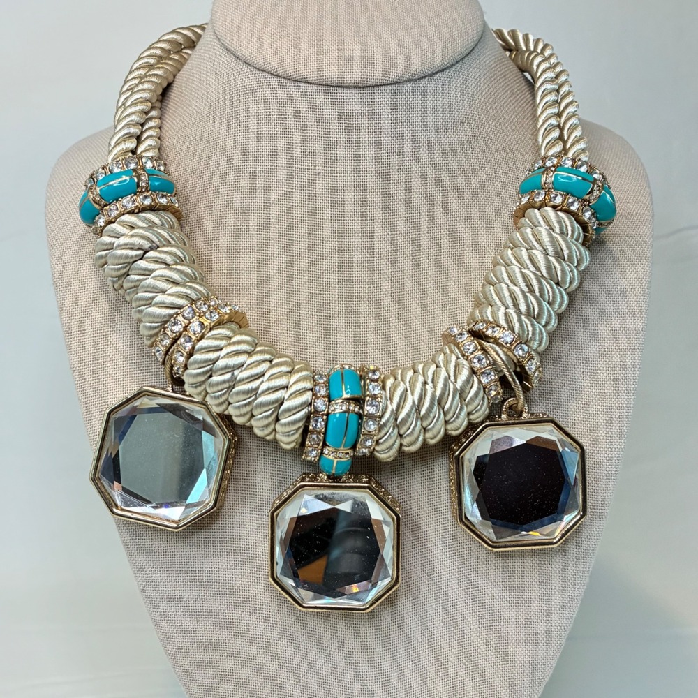 Chunky Statement Rope Necklace Rhinestone Faceted Mirror Pendants Gold Tone - Picture 2 of 16
